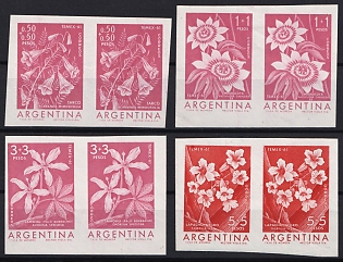 1960 Internetional Topical Stamp Exhibition Temex 61, Bunos Aires. Flower Pictures, Argentine Republic, Imperforate Trial Color Proofs, Pairs