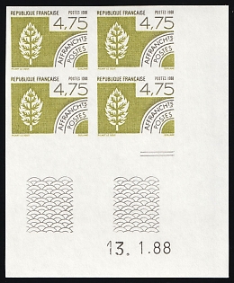 1988 4.75fr Pre-Cancelled Definitive Stamps. The Four Elements, French Republic, Imperforate Proof, Corner Margin, Sheet Inscription '13.1.88'