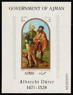 1968 'The Piper and the Drummer' by Albrecht Durer, Ajman (United Arab Emirates), Airmail, Imperforate Variety Souvenir Sheet, Plate Number