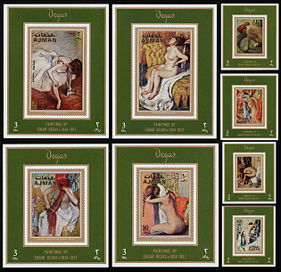1970 Paintings of French Impressionist Edgar Degas, Ajman (United Arab Emirates), Airmail, Imperforate Souvenir Sheets