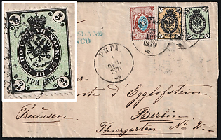 1870 (28 Aug) Russian Empire, Russia, Cover from Parnu to Berlin (Germany) via Riga, franked with 1k (1866 issue), 3k (1870 issue) - Background 'V' instead of '3' and 10k (1866 issue), with blue Franco transit marking and black wax seal on reverse