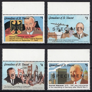 1992 25th Anniversary of the Death of Konrad Adenauer, Grenadines of Saint Vincent, Margins, Complete Set, Specimens