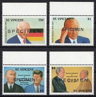 1992 25th Anniversary of the Death of Konrad Adenauer, Saint Vincent and the Grenadines, Complete Set, Margins, Specimens
