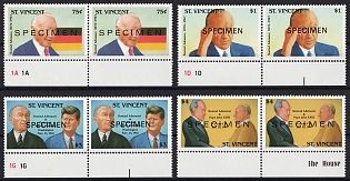 1992 25th Anniversary of the Death of Konrad Adenauer, Saint Vincent and the Grenadines, Pairs, Complete Set, Margins, Specimens, Sheet Inscription