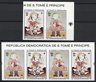 1981 100th Birthday of Pablo Picasso, International Year of the Child, Democratic Republic of Sao Tome and Principe, Imperforate Marginal Strip of Four, Sheet Inscription