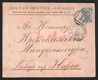 1887 (21 Aug) 7k Russian Empire, Russia, Postal Stationery Cover from Saint Petersburg to Narva, with round St. Petersburg Local Post numeral postmark '1', with Red Crayon Numeral Postal Marking on Front, Signed