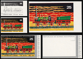 1972 The 100th Anniversary of Japanese Railways, Republic of Equatorial Guinea, Airmail, Imperforate Trial Color Proofs, Margins