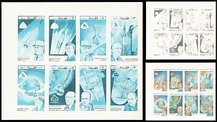 1972 Space Exploration, Aviation and World Leaders: Churcill, Kennedy, De Gaulle, Adenauer, Dhufar (State of Oman), Cinderella, Imperforate Blocks of Eight, Color Trial Proofs