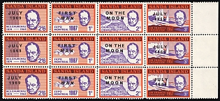 1969 Sir Winston Chirchill Memoriam, Overprint 'July 1969 First Man on the Moon', Sanda Island (Scotland, Great Britian), Local Post, Cinderella, Marginal Block of Twelve