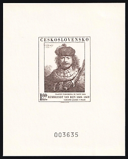1973 Rembrandt 'Self - Portrait with Sabre', Artworks from National Galleries, Czechoslovakia, Imperforate Proof Souvenir Sheetlet, Plate Number