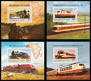 1985 150th Anniversary of German Railroads, Republic of Guinea, Airmail, Souvenir Sheets, Perforated Complete Set