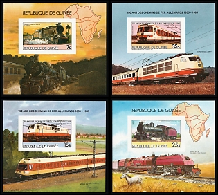 1985 150th Anniversary of German Railroads, Republic of Guinea, Airmail, Imperforate Souvenir Sheets, Complete Set