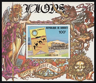 1980 100fr 75th Anniversary of Rotary International and Lions International, Republic of Djibouti, Perforated Souvenir Sheet