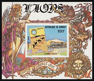 1980 100fr 75th Anniversary of Rotary International and Lions International, Republic of Djibouti, Imperforate Souvenir Sheet