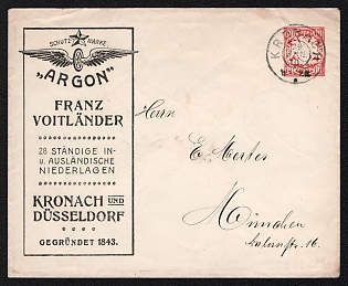 1910 (29 Jun) Bavaria, Germany, ''Argon' Registered Trademark', Commercial Cover franked with 10pf tied by 'Kronach' Cancellation