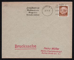 1937 (22 Nov) Third Reich, Germany, 'Franz Kaminski, Machinery Factory, Wagon Construction, Hameln (Weser)', Commercial Cover franked with 3pf