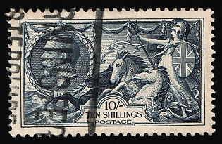 1919 10s Great Britain, Seahorse, Dull Grey-Blue, Readable Postmark