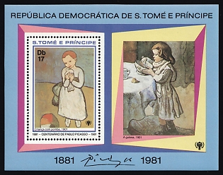 1981 17db Child with a Dove, 100th Birthday of Pablo Picasso, International Year of the Child, Democratic Republic of Sao Tome and Principe, Perforated Souvenir Sheet