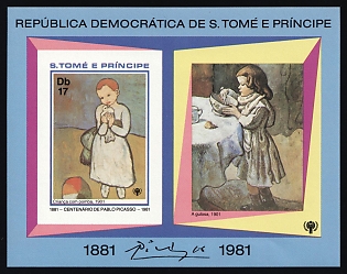 1981 17db Child with a Dove, 100th Birthday of Pablo Picasso, International Year of the Child, Democratic Republic of Sao Tome and Principe, Imperforate Souvenir Sheet