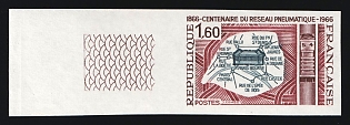 1966 1.60fr 100 Years of Pneumatic Post Network of Paris, French Republic, Complete Set, Imperforate Variety, Corner Margin