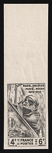 1944 4f+6f 100th Anniversary of the Construction of the Paris - Orlean and Paris  - Rouen Railway Lines, French Republic, Complete Set, Imperforate Variety, Margin