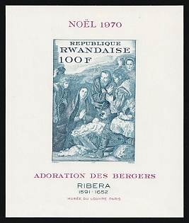 1970 Christmas Painting, 'Visit of the shepherds' by Jusepe de Ribera, Republic of Rwanda, Imperforate Souvenir Sheet