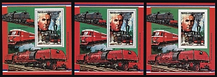 1986 450f Marc Seguin, Decauille - Mallet Locomotive, Means of Transport, Central African Republic, Airmail, Perforated and Imperforate Souvenir Sheets