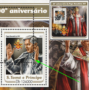 2017 124000db 90th Anniversary of the Birth of Pope Benedict XVI, Various Themes, Democratic Republic of Sao Tome and Principe, Souvenir Sheet, DOUBLE Perforation