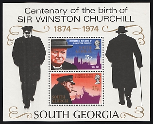 1974 100th Anniversary of the Birth of Winston Churchill, South Georgia  Falkland Islands (British Overseas Territory), Souvenir Sheet