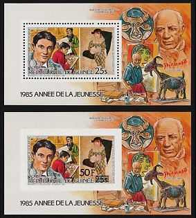 1986 International Youth Year 1985, Paintings by Pablo Picasso, Republic of Guinea, Airmail, Perforated, Imperforate Souvenir Sheets