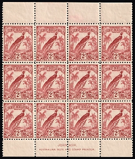 1931 10th Anniversary of the Mandate Administration: Bird of Paradise, Territory of New Guinea (Papua New Guinea), Marginal Block of Twelve, Sheet Inscription