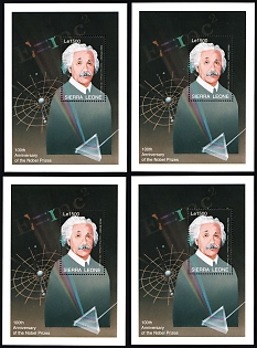 1995 1500 le Albert Einstein, 100th Anniversary of Alfred Nobel's Will, Nobel Prize Laureat, Republic of Sierra Leone, Souvenir Sheets