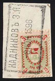 1895 3k on piece Kadnikov Zemstvo, Rectangular Datestamp Cancellation '8 Jun 1896'