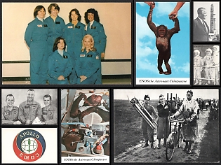 1977 AUTOGRAPH, Pioneers of Space: Humans and Animal Contributions to Aerospace Exploration, Autograph of Rocket Pioneer Albert Pullenberg, United States, Space Exploration, Group of Picture Postcards, one with autograph