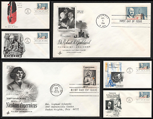 1964-73 Father of Rocketry Robert Goddard, 500th Anniversary of the Birth of Nicolaus Copernicus, United States, Space Exploration, Group of First Day Commemorative Covers