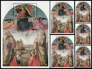 2002 Christmas, 'Christ in Heaven with Four Saints and a Donor' by Domenico Ghirlandaio, Turks & Caicos Islands, Perdorated Souvenir Sheets
