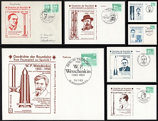 1982-83 Space Exploration Pioneers: Kleimenov, Tikhomirov, Vetchinkin, Korolev, Esnault-Pelterie, Glushko, Kondratyuk, German Democratic Republic (GDR), Space Exploration, Group of Commemorative Cover and Postcards with Pictorial Cancellations