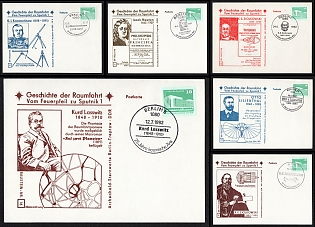 1982 Space Exploration Pioneers: Konstantinov, Newton, Tsiolkovsky, Lasswitz, Lilienthal, German Democratic Republic (GDR), Space Exploration, Group of Commemorative Postcards with Pictorial Cancellations