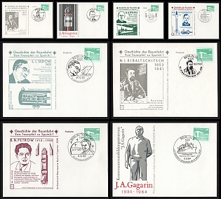 1982-84 Space Exploration Pioneers: Kibalchich, Gagarin, Rynin, Tikhonravov, Sedov, Petrov, German Democratic Republic (GDR), Space Exploration, Group of Commemorative Postcards with Pictorial Cancellations