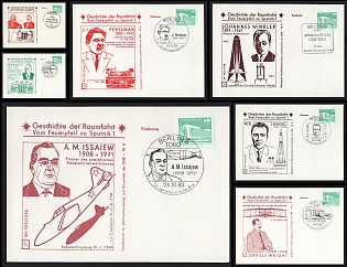 1982-83 Space Exploration Pioneers and Figures: Perelman, Winkler, Keldysh, Isayev, Yangel, Wright, German Democratic Republic (GDR), Space Exploration, Group of Commemorative Postcards with Pictorial Cancellations