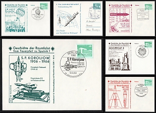 1983 The Architects of the Space Age: J.-M. and J.-E. Montgolfier, William Congreve, S. P. Korolev and Robert Goddard, German Democratic Republic (GDR), Space Exploration, Group of Commemorative Postcards with Pictorial Cancellations