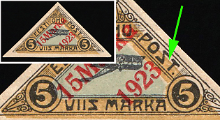 1923 15m on 5m Estonia, Airmail, SHIFTED Yellow Background
