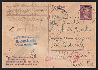 1941 (23 Sep) Third Reich, Germany, Censored Postcard of an Italian Laborer from Labor Camp Bochum-Riemke to Italy, Censorship Postmark, More Details in Description
