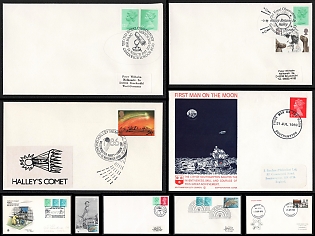 1969-87 Cosmic Journeys: From Comets to Moon, Great Britian, Space Exploration, Group of Commemorative Covers and Postcards with Pictorial Cancellations