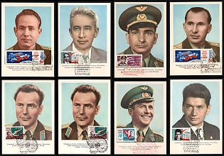 1962 Soviet Cosmonauts and Researchers: Leonov, Feoktistov, Bykovsky, Belyayev, Titov, Popovich, Yegorov, Soviet Union, Space Exploration, Group of Commemorative Picture Postcards