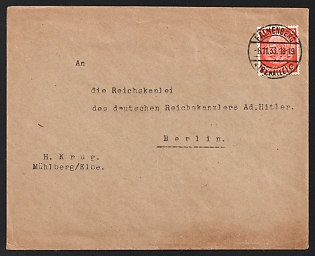 1933 (8 Nov) Third Reich, Germany, Cover Adressed to the The Reich Chancellery of the German Reich Chancellor Adolf Hitler, Berlin