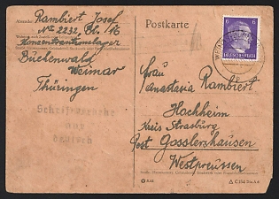 1943 (27 Nov) Third Reich, Germany, Censored Postcard from Buchenwald Concentration Camp to Hochheim West Prussia, Censorship Postmark, More Details in Description