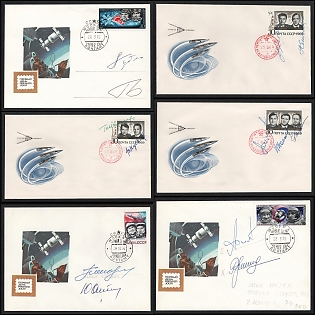 1969-75 Autographs of Cosmonauts (Pavel Popovich, Georgy Shonin, Valery Kubasov, Aleksey Gubarev, Georgy Grechko), Cosmic Achievements, Soviet Union, Space Exploration, Group of First Day Commemorative Covers