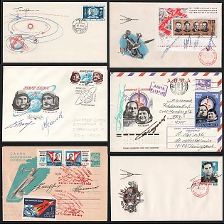 1962-76 'Glory to the Conquerors of Space!', Autographs of Cosmonauts (Yuri Gagarin, Pavel Popovich, Boris Volynov, Vitaly Zholobov, Viktor Gorbatko, Yury Glazkov), Soviet Union, Space Exploration, Group of First Day Commemorative Covers