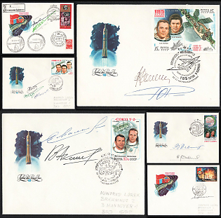 1980-81 International Flights in Space, Autographs of Cosmonauts (Yury Malyshev, Vladimir Aksyonov, Leonid Popov, Valery Ryumin, Viktor Savinykh), Soviet Union, Space Exploration, Group of First Day Commemorative Covers